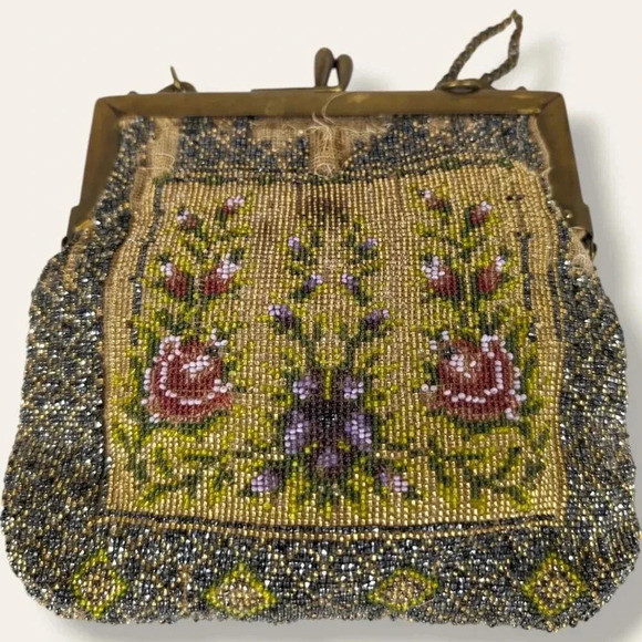 Antique Floral Micro Beaded Victorian Women's Purse with Suede Lining - Picture 10 of 12